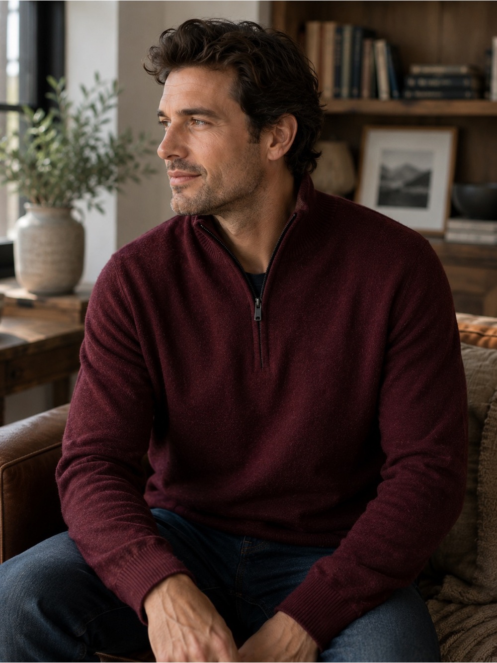 WoolOvers Burgundy Merino Wool Cashmere Quarter-Zip Sweater – Men’s Medium